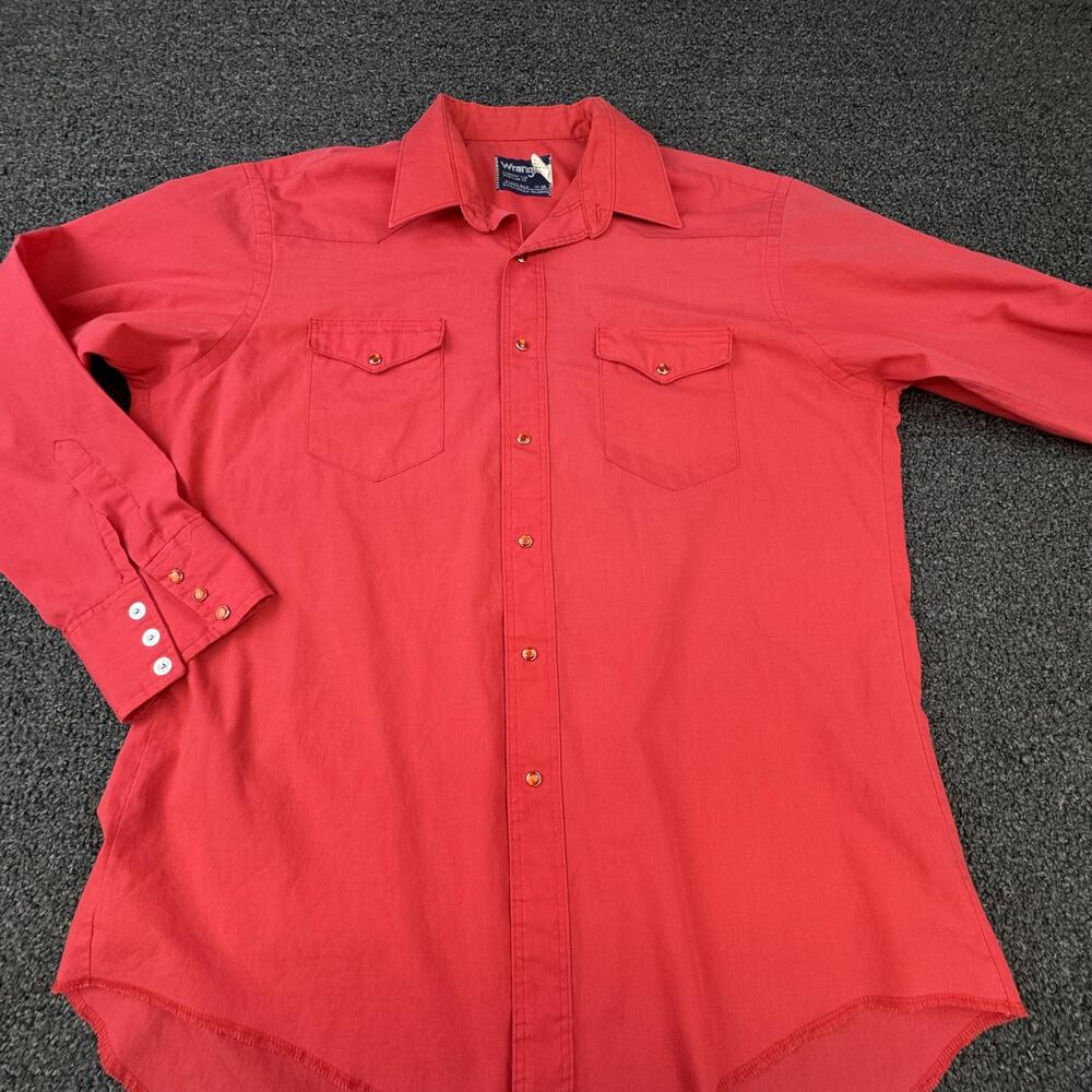 Vtg Wrangler Shirt Mens L Red Cotton Long Sleeve Button Up Pocket Western Casual